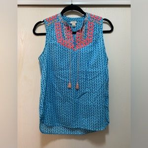 J Crew Womens 2 Blue Pink Cotton Embroidered Tassel Sleeveless Tank Top Tunic